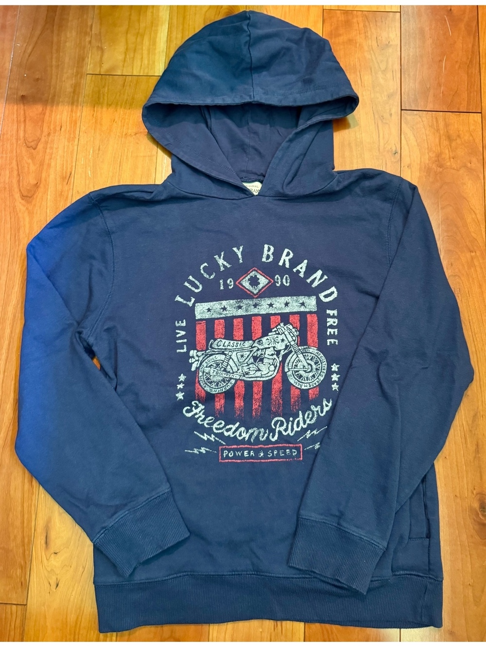 Lucky Brand Youth Medium Navy Blue Hoodie with Motorcycle Graphic